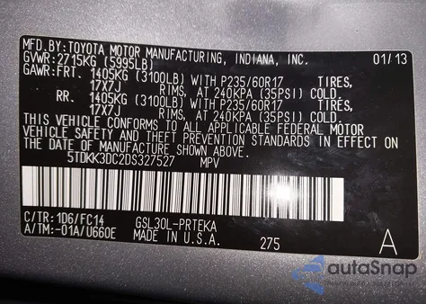 2013 Toyota Sienna Le V6 8 Passenger из США, поврежденный, VIN 5TDKK3DC2DS327527